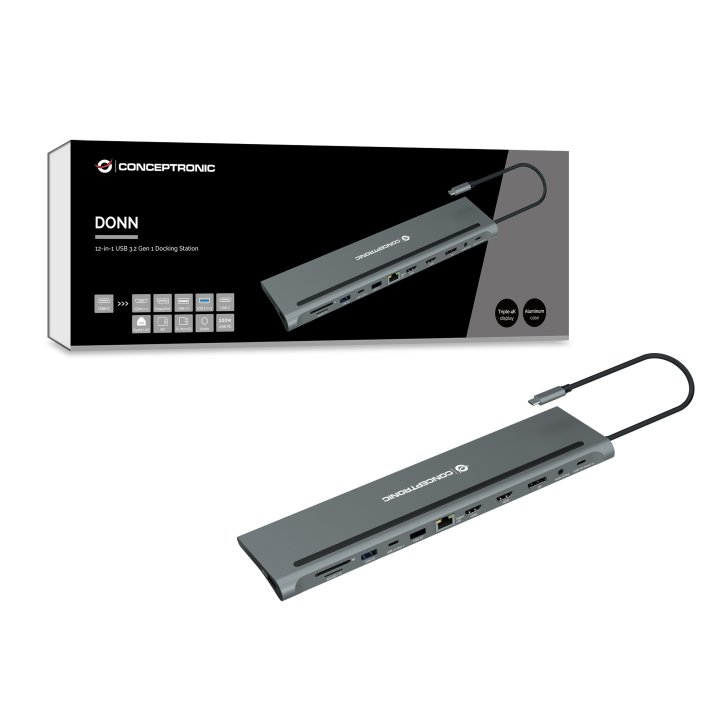 Adaptador Usb-c 12in1 Conceptronic Hdmix2 Displayport Gigabit Usb-c Datos Usb-a Audio Lan Lector Tar