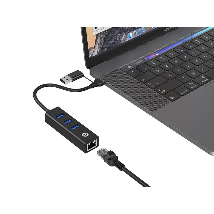 Adaptador Usb A Gigabit Ethernet Rj45 Conceptronic Con Hub Usb 3.0 3 Puertos Y Adaptador Usb-c