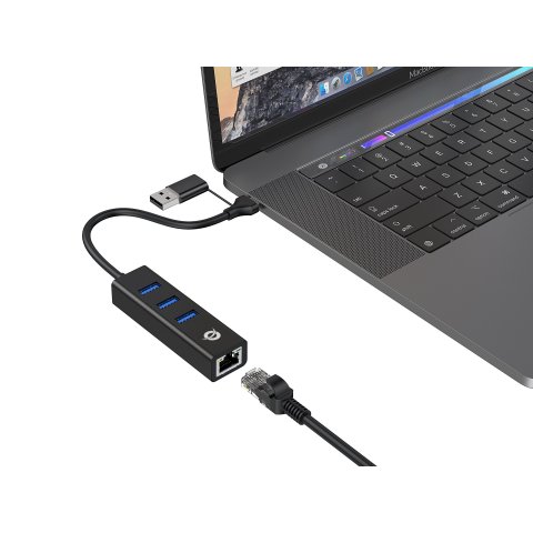 Adaptador Usb A Gigabit Ethernet Rj45 Conceptronic Con Hub Usb 3.0 3 Puertos Y Adaptador Usb-c