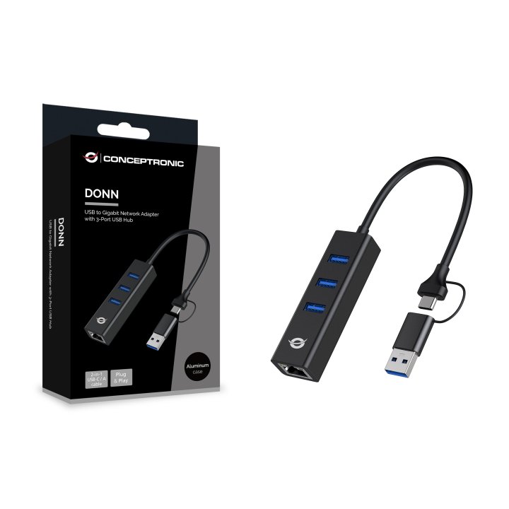 Adaptador Usb A Gigabit Ethernet Rj45 Conceptronic Con Hub Usb 3.0 3 Puertos Y Adaptador Usb-c