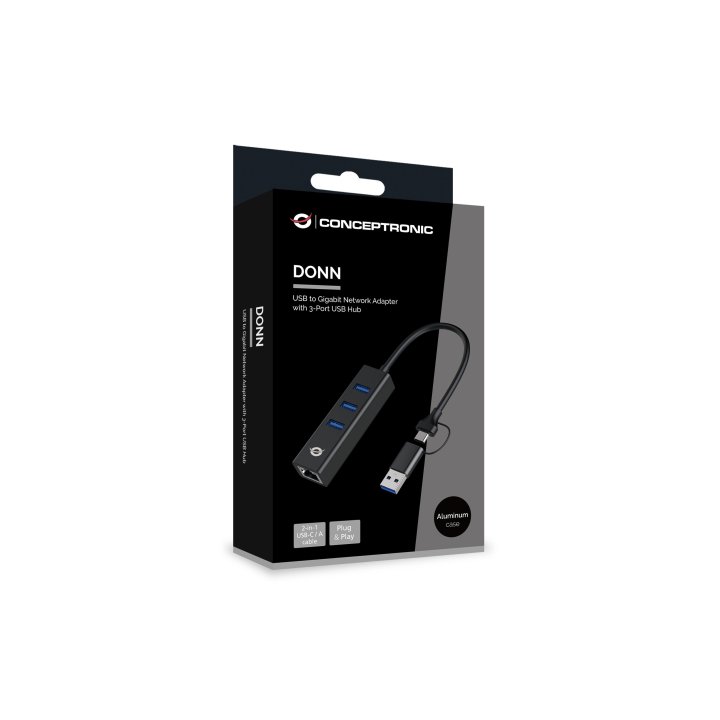 Adaptador Usb A Gigabit Ethernet Rj45 Conceptronic Con Hub Usb 3.0 3 Puertos Y Adaptador Usb-c