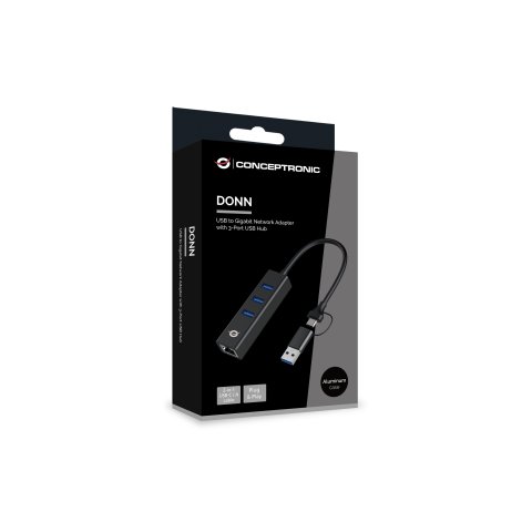 Adaptador Usb A Gigabit Ethernet Rj45 Conceptronic Con Hub Usb 3.0 3 Puertos Y Adaptador Usb-c