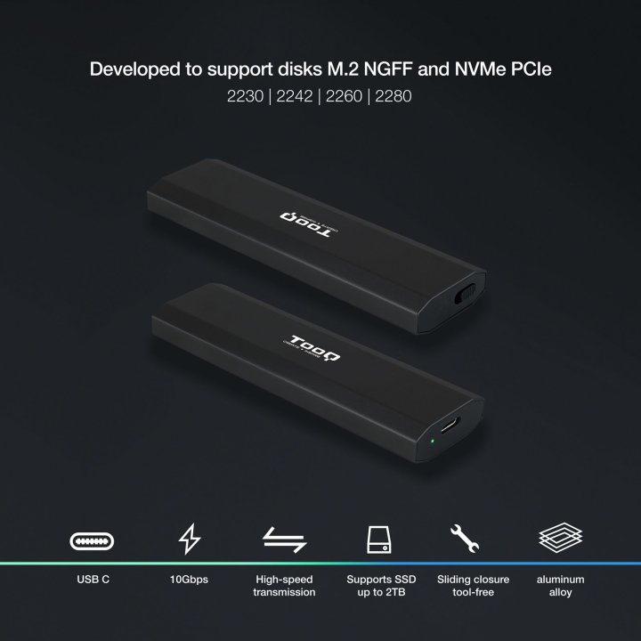 Caja Externa M.2 Usb-c Tooq Tqe-2223b Para M.2 Ngff nvme Usb 3.1 Gen2 Negro