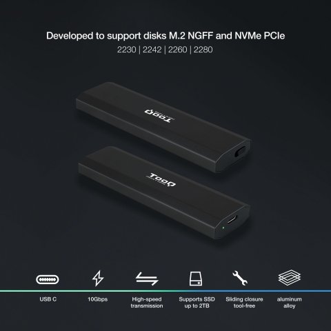 Caja Externa M.2 Usb-c Tooq Tqe-2223b Para M.2 Ngff nvme Usb 3.1 Gen2 Negro