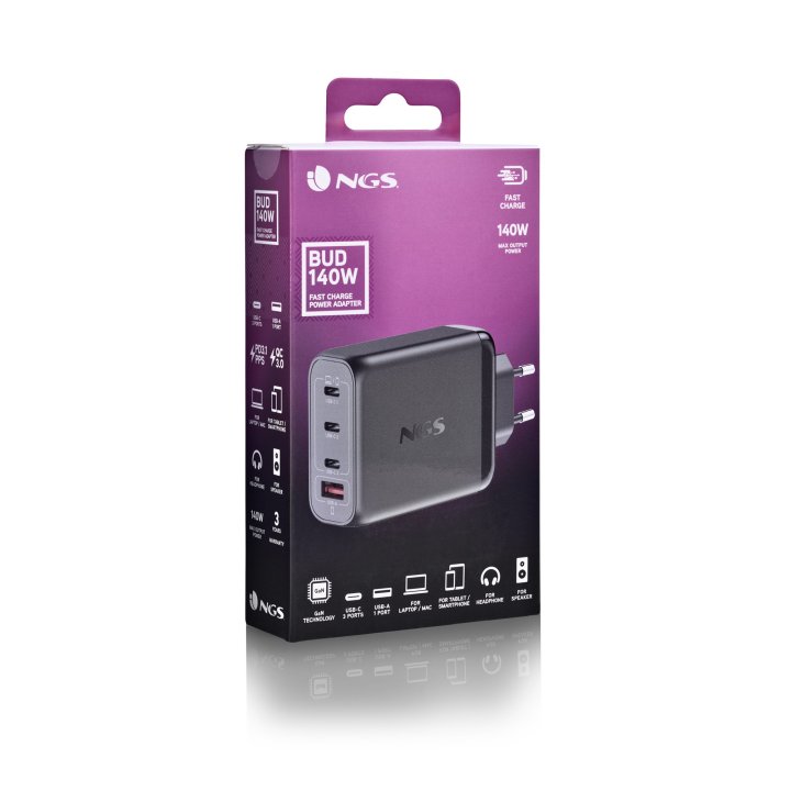 Cargador De Pared Ngs Bud 140w Gan 3xusb-c 1xusb-a