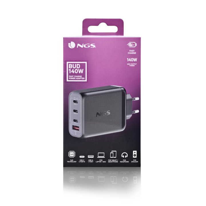 Cargador De Pared Ngs Bud 140w Gan 3xusb-c 1xusb-a