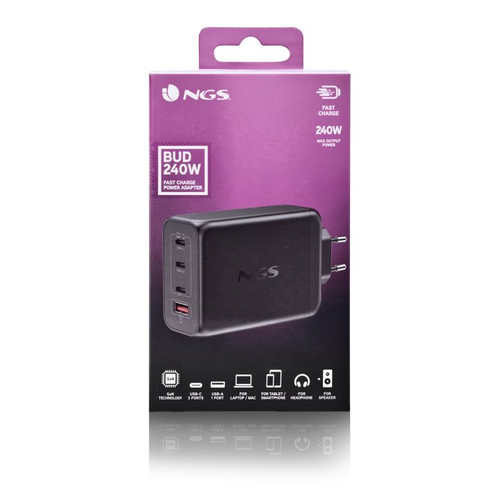 Cargador De Pared Ngs Bud 240w Gan 3xusb-c 1xusb-a