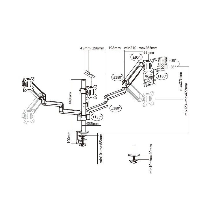 Soporte De Mesa Equip 650134 Para 3 Pantallas 17" - 27" Aluminio Muelle De Gas Equip Inclinable Y Giratorio Max, Vesa 100x100