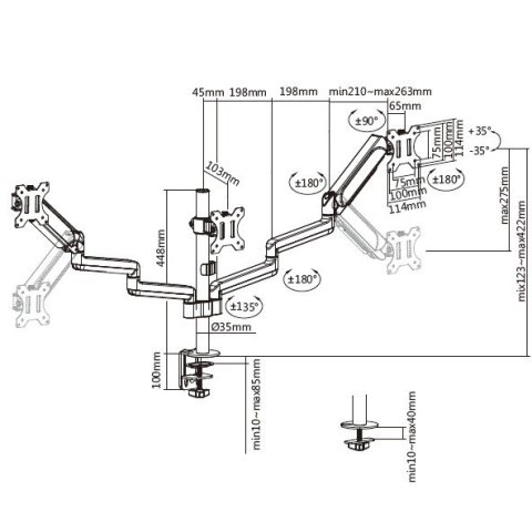 Soporte De Mesa Equip 650134 Para 3 Pantallas 17" - 27" Aluminio Muelle De Gas Equip Inclinable Y Giratorio Max, Vesa 100x100