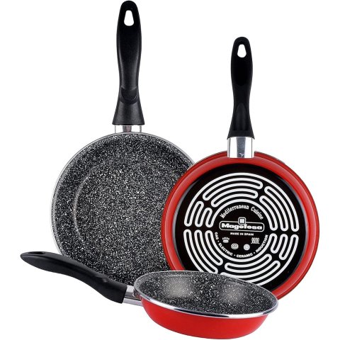 Sarten Magefesa K2 Rojo 24-26-28 Lote Acero Antiadherente Efecto Piedra Todo Tipo Cocinas Lavavajillas
