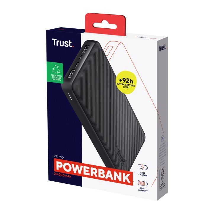 Powerbank Universal Trust 24676 Primo 20000mah Color Negro Input Micro Usb Y Usb-c Out 2 Usb-a 1 Usb