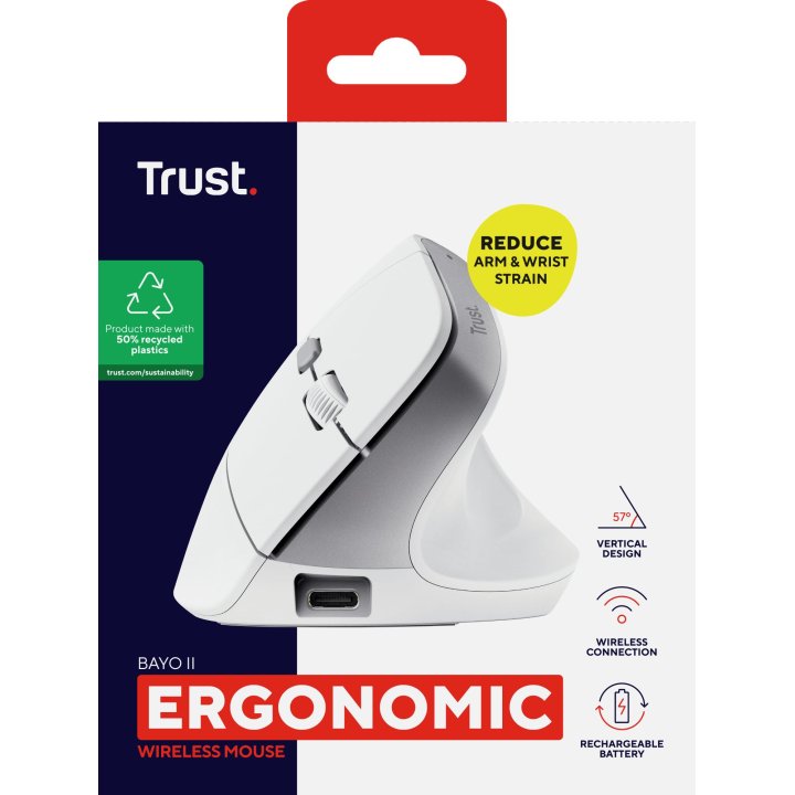 Mouse Trust Wireless Ergo Bayo Ii Rf 2.4 Ghz Dpi Ajustable 800-2400ppp 6 Botones Carga Usb-c Blanco
