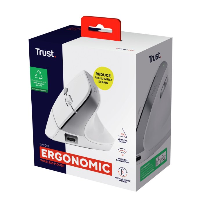 Mouse Trust Wireless Ergo Bayo Ii Rf 2.4 Ghz Dpi Ajustable 800-2400ppp 6 Botones Carga Usb-c Blanco
