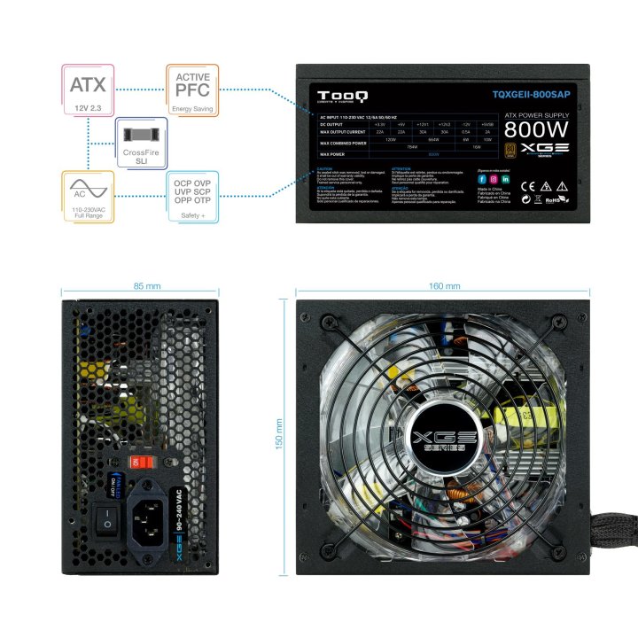 Fuente De Alimentacion Gaming Tooq 800w 80+ Bronze Atx12v V2.31 Apfc 82+ Led On off