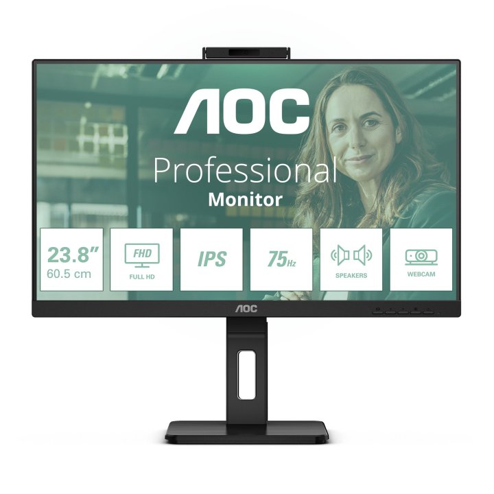 Monitor 24" Dp Hdmi Aoc 24p3qw Ips Fhd 1ms 75hz 2x5w Webcam Hub Usb Vesa 100x100 Negro