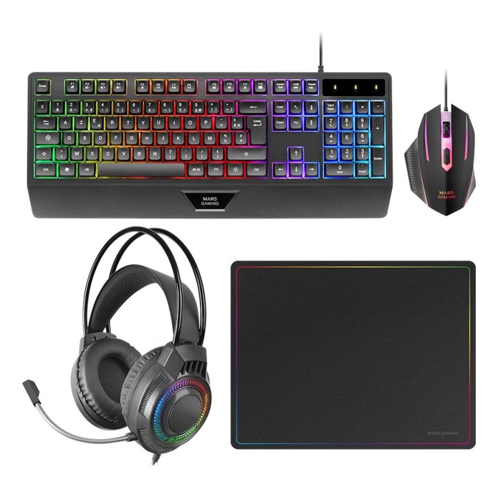 Teclado Mouse Headset Y Alfombrilla Mars Gaming Mcp124profr H-mech Rgb 3200dpi Negro Frances