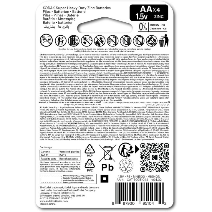 Pilas Aa Kodak Extra Heavy Duty Zinc Lr6 Pack 4...