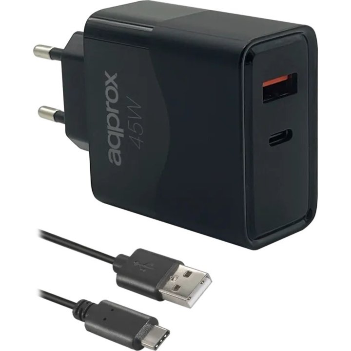 Cargador De Pared Approx Appusbwall45w 1xusb-c Pd 1xusb-a 45w Cable Usb-a A Usb-c Incluido