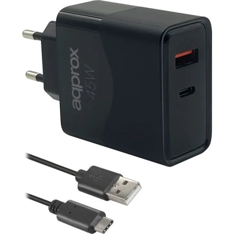 Cargador De Pared Approx Appusbwall45w 1xusb-c Pd 1xusb-a 45w Cable Usb-a A Usb-c Incluido