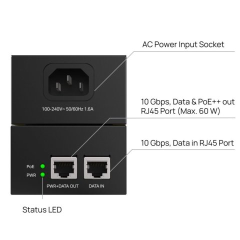 Poe Injector Tp-link Poe370s 2p 10gbps 60w Pasa...