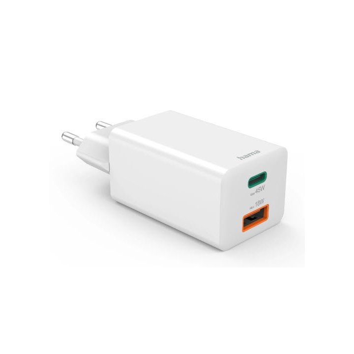 Cargador De Pared Hama 45w 1xusb-c Pd 1xusb-a Minicargador Color Blanco