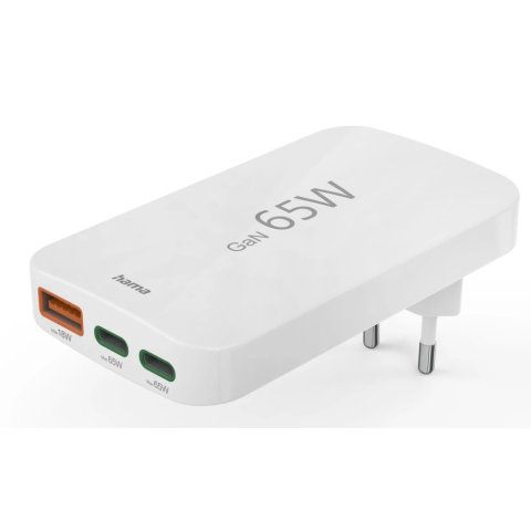 Cargador De Pared Hama 65w Plegable 2xusb-c Pd 1xusb-a Minicargador Color Blanco