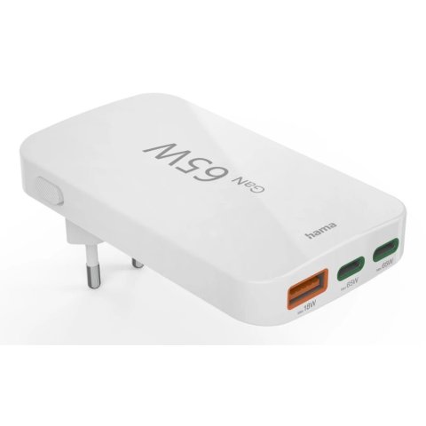 Cargador De Pared Hama 65w Plegable 2xusb-c Pd 1xusb-a Minicargador Color Blanco