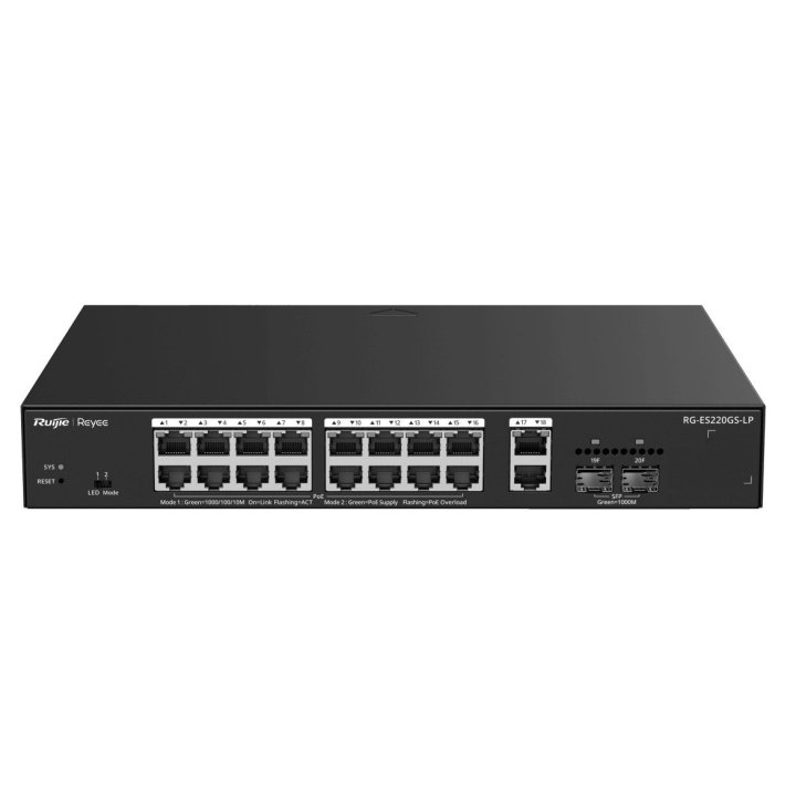 Switch Gestionable L2 Ruijie Rg-es220gs-lp 18xrj45 Gb 2x Sfp Ge 16xpoe 130w Gestion En La Nube