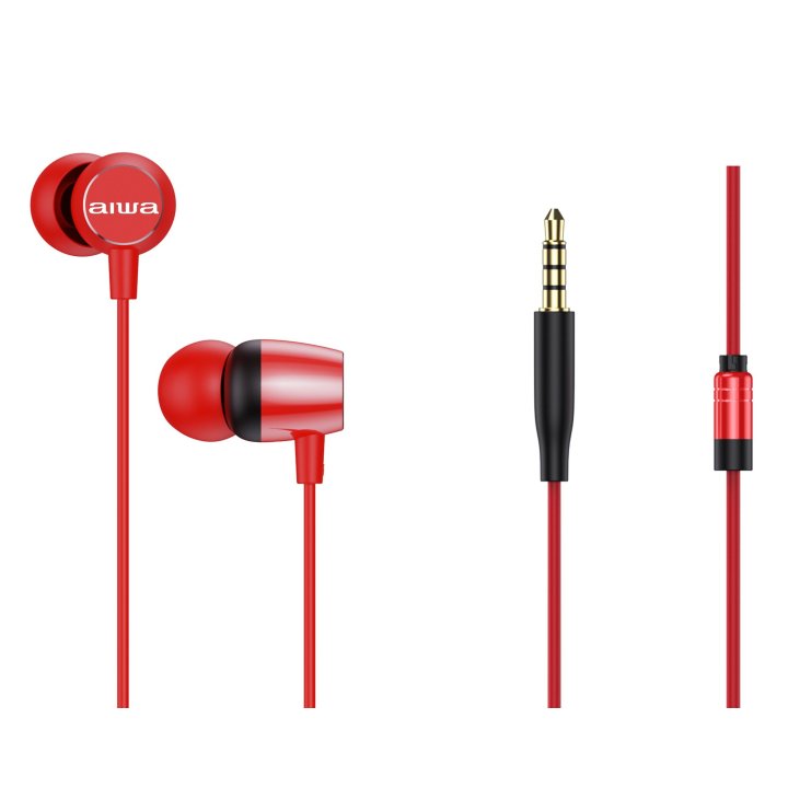 Auricular Intrauditivo Aiwa Estm-20 Altavoz Neodimio 10mm Cable Sin Enredos Microfono Aluminio Rojo