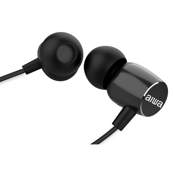 Auricular Intrauditivo Aiwa Estm-20 Altavoz Neodimio 10mm Cable Sin Enredos Microfono Aluminio Negro