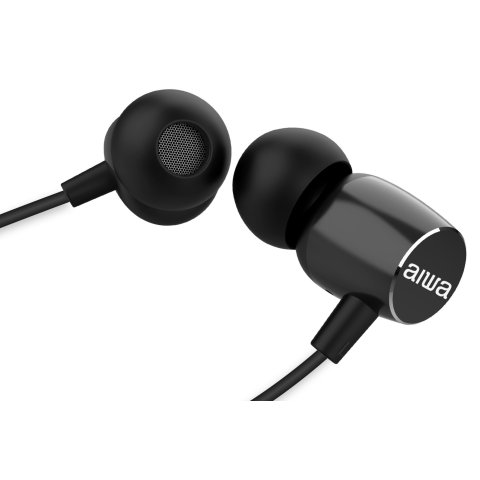 Auricular Intrauditivo Aiwa Estm-20 Altavoz Neodimio 10mm Cable Sin Enredos Microfono Aluminio Negro