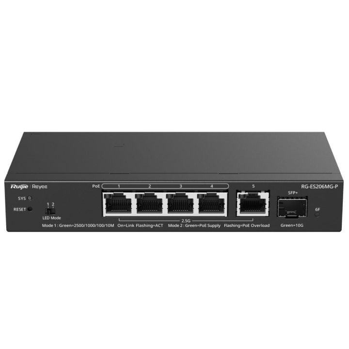 Switch Gestionable L2 Ruijie Rg-es206mg-p 6p 5xrj45 2.5gb 1xsfp 10ge 4xpoe 70w Gestion En La Nube
