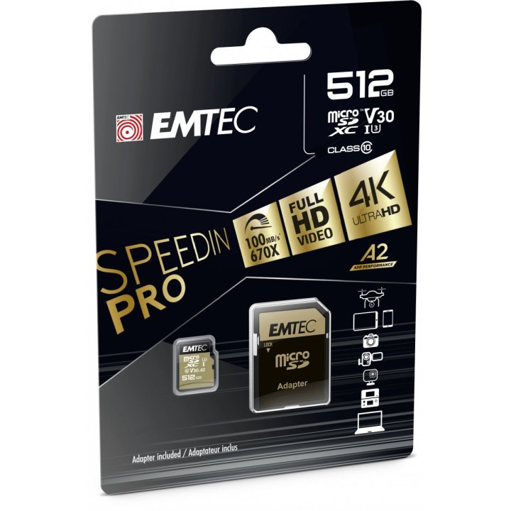 Memoria Sd Micro 512gb Emtec Speedin Pro 100mb s Sd + Adapter Class 10 Uhs1 U3 V30 Ecmsdm512gxc10sp