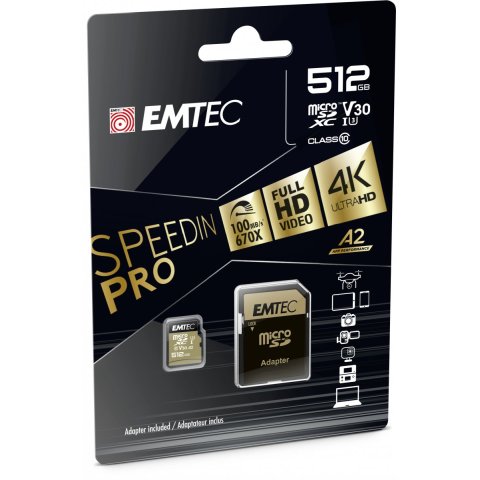Memoria Sd Micro 512gb Emtec Speedin Pro 100mb s Sd + Adapter Class 10 Uhs1 U3 V30 Ecmsdm512gxc10sp
