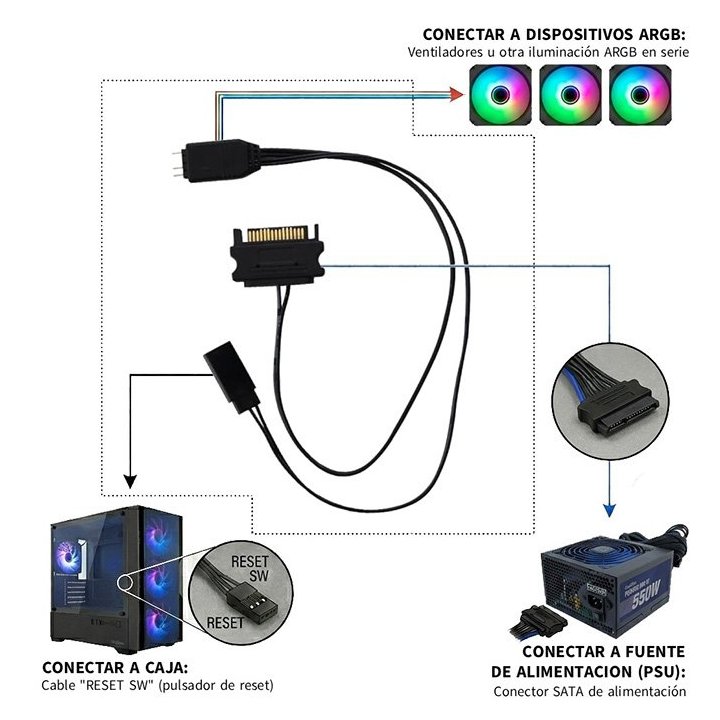 Controlador Mini Iluminacion Coolbox Argb Por Reset Conector 3-pin 5v Alimentacion Sata Negro