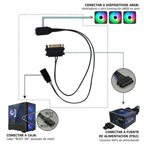 Controlador Mini Iluminacion Coolbox Argb Por Reset Conector 3-pin 5v Alimentacion Sata Negro