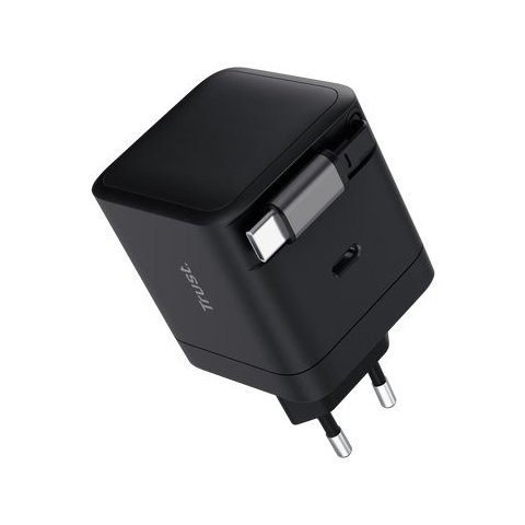 Cargador Usb-c Trust Maxo 65w Pd Cable Soldado Retractable 2xusb-c Negro