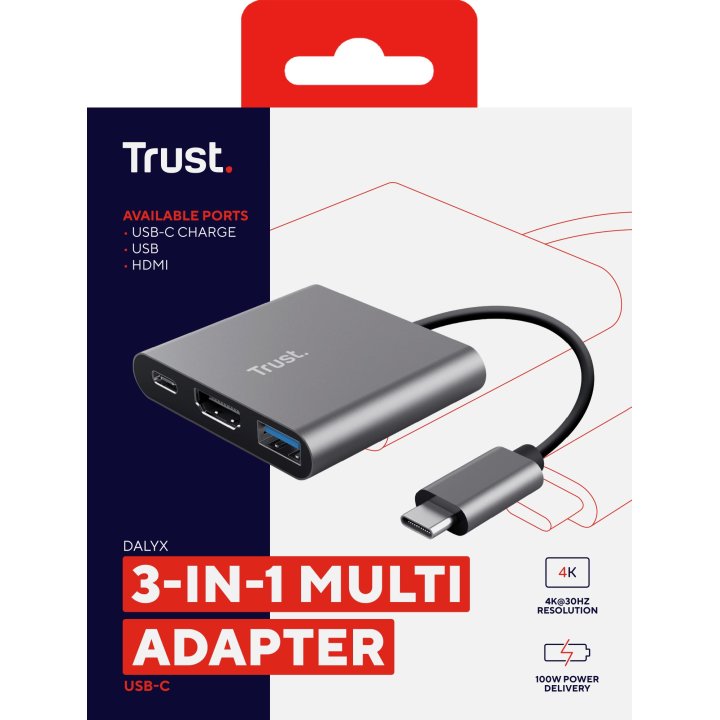 Docking Usb-c Trust Dalyx 3 En 1 1xhdmi 4k 1xusb-a 3.2 1xusb-c Pd 100w Gris