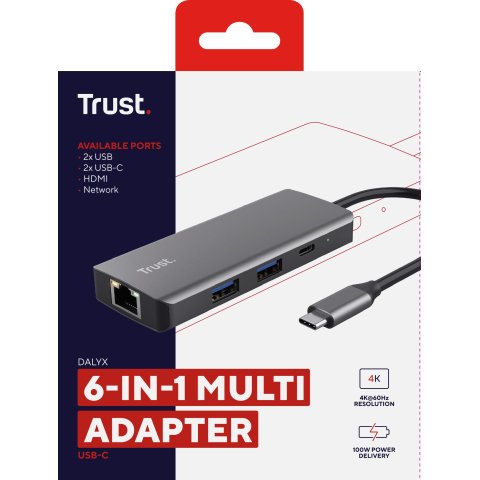 Hub Usb-c Trust Dalyx 6 En 1 Aluminio 1xhdmi 4k 2xusb-a 3.2 1xusb-c Pd 100w Lector Sd Microsd