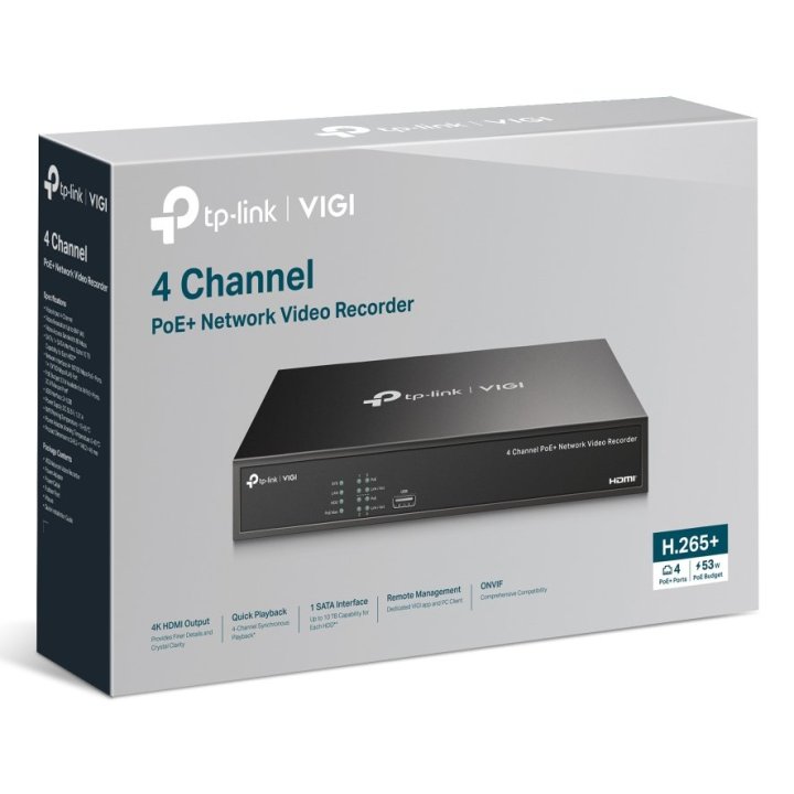Grabador De Video Tp-link Vigi Nvr1004h-4p 2tb 4 Canales 16mp 4xrj45 Poe+ 53w Hdmi 4k H.265+ 2xusb