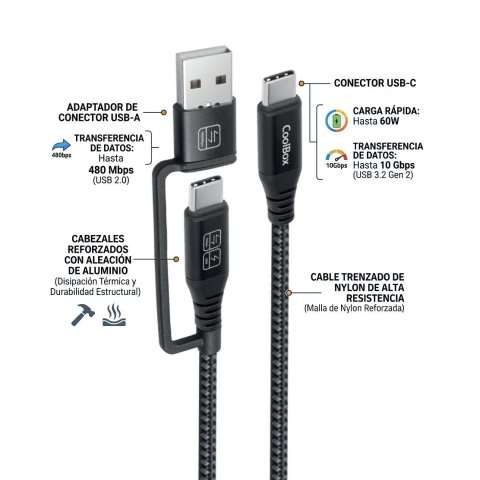 Cable Usb-c A Usb-c 1.8m Coolbox 60w Trenzado Adaptador Usb-a 