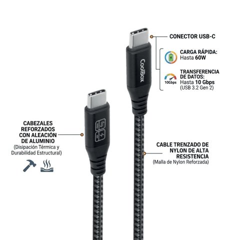 Cable Usb-c A Usb-c 1.8m Coolbox 60w Trenzado Color Negro