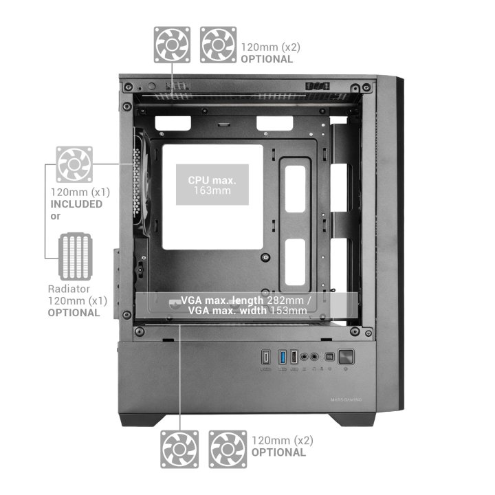 Caja Microatx Mars Gaming Mc-vector Gpu Max 282mm Cristal Templado Mesh Argb Usb-c Negra