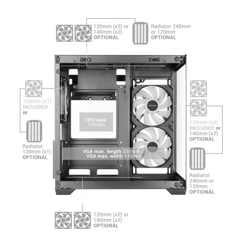 Caja Microatx Mars Gaming Mc-view3 Gpu Max 330mm Cristal Templado Panoramico Argb Usb-c Negra