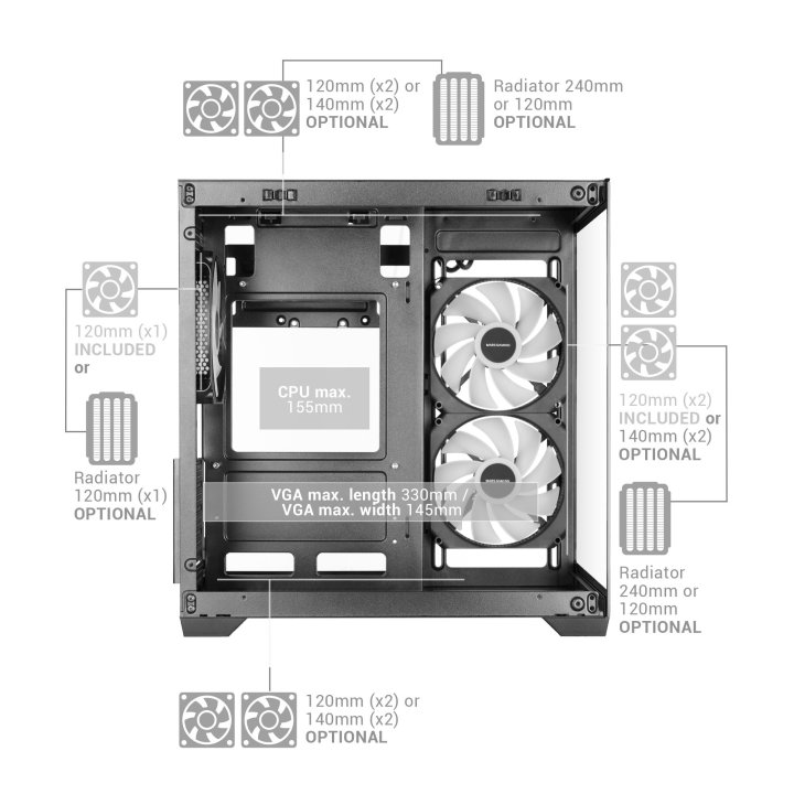 Caja Micro Atx Mars Gaming Mc-view3w Gpu Max 330mm Cristal Templado Panoramico Argb Usb-c Blanca