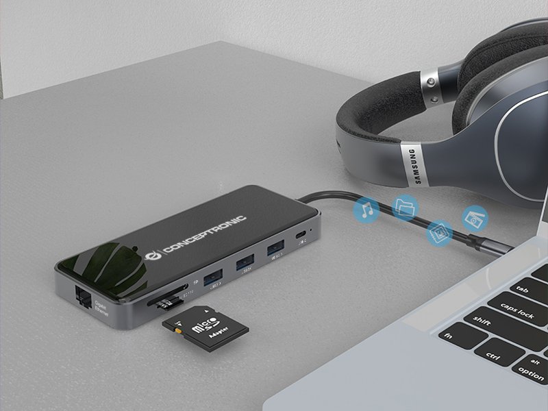 CONCEPTRONIC DONN15G — Docking USB-C con doble HDMI y lector de tarjetas 5