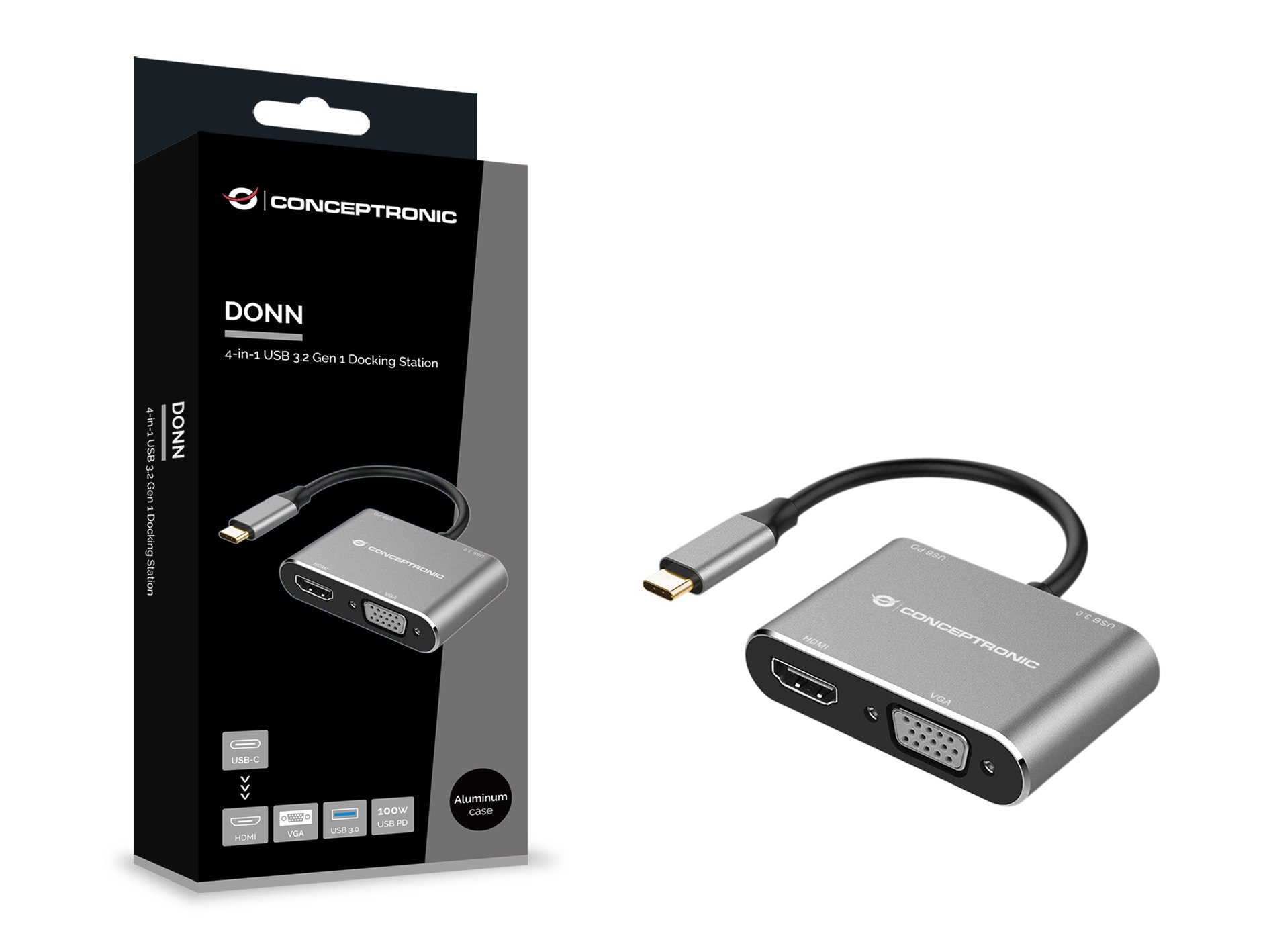 CONCEPTRONIC DONN016 — Docking USB-C con HDMI 4K y carga 100W 3