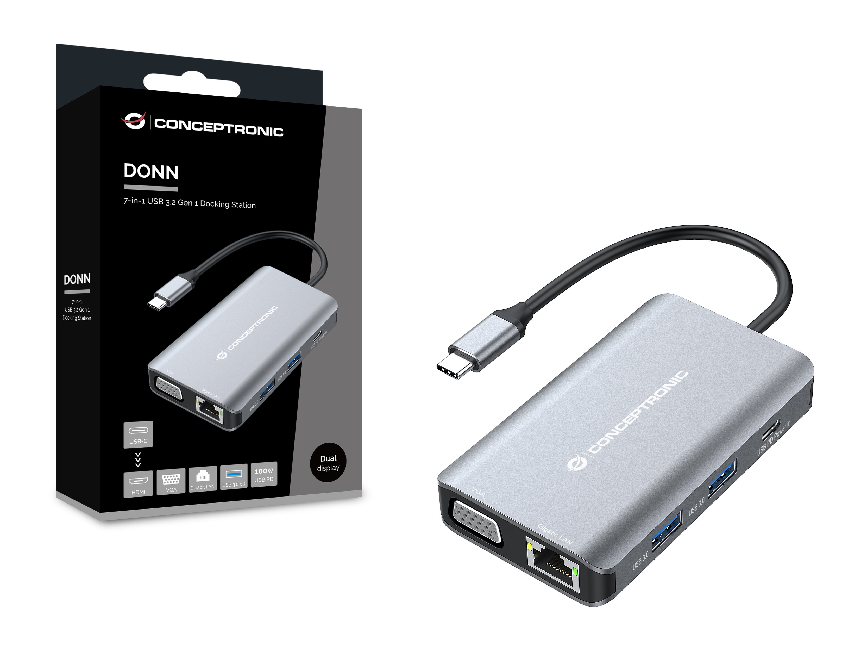 CONCEPTRONIC DONN21G — Docking USB-C con HDMI, VGA y carga 100W — vista detalle 1