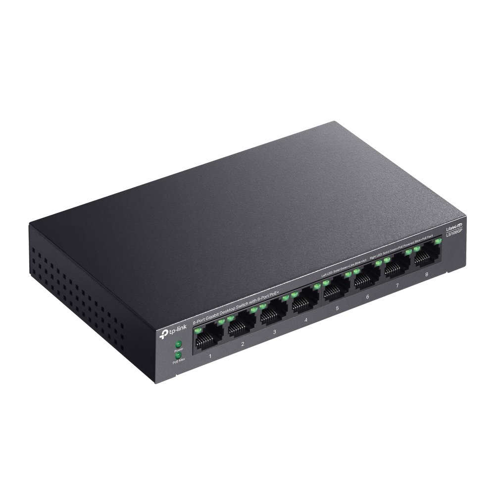 TP-Link LS108GP — Switch 8 puertos Gigabit con PoE+ sobremesa — vista detalle 2