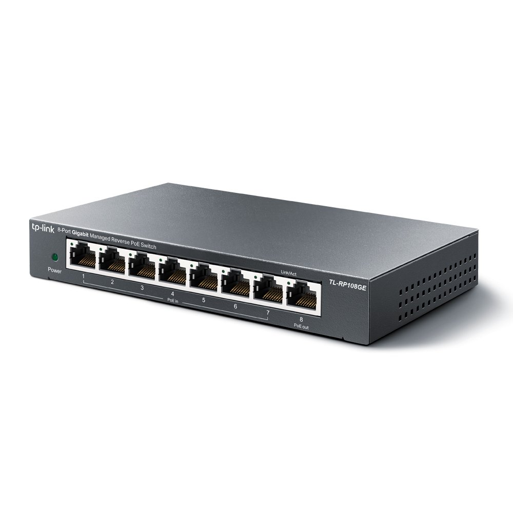 Switch Gestionable Reverse POE TP-LINK RP108GE 7ENTRADAS POE y 1SALIDA POE Gigabit 1PUERTO de Salida CC Conmutable a 5V y 12V — vista detalle 1